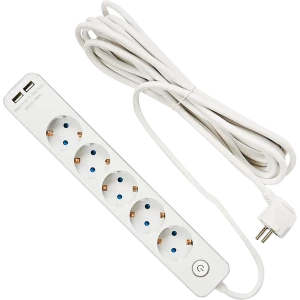 Удлинитель с заземлением Duwi 5 розеток со шторками, 3x1.5мм2, 5 м, выключатель, 2 USB, цвет белый/серебристый