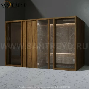 Effegibi YOKU.D SH YO.20320003 Комбинированная баня: хаммам и сауна. Установка: в левый угол. Мощность: 10,5 кВт макс. Размеры: длина 342 см, ширина 170 см. Отделка: чёрный орех и темный керамогранит