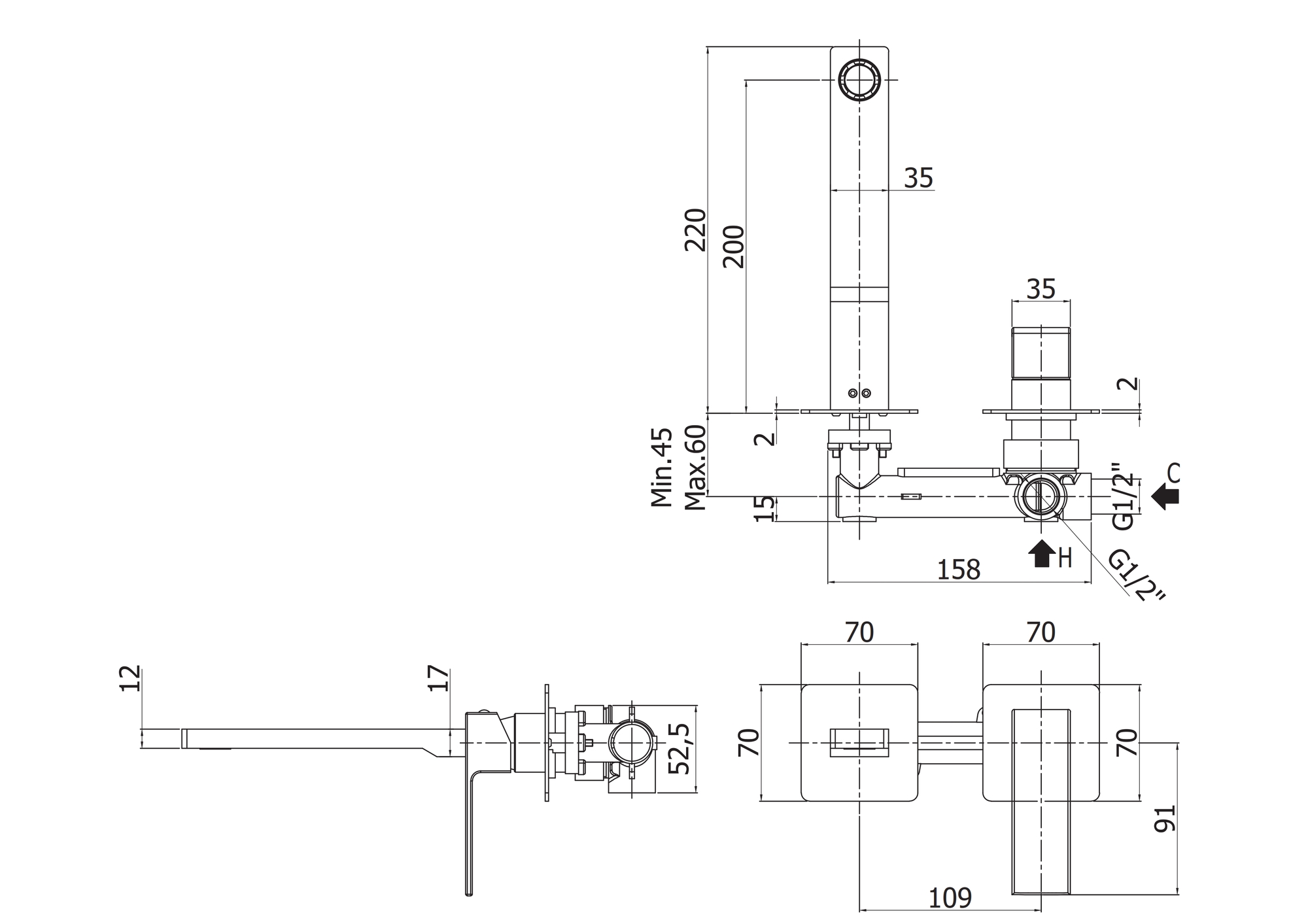 Смеситель для раковины встраиваемый однорычажный, излив 20 см CEZARES EFFECT-BLI2-20-01 - Вид №1