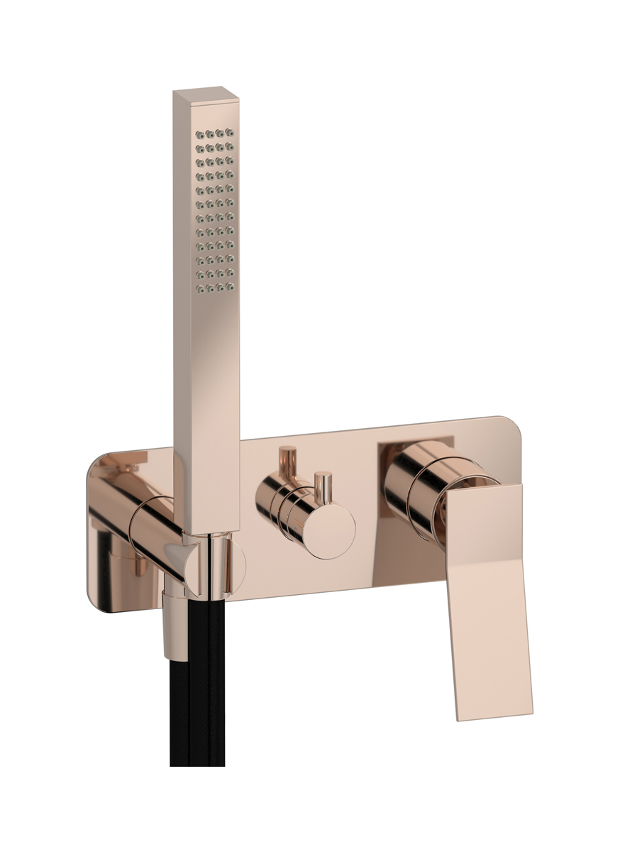 Внешние части встроенного в стену смесителя на 3 потребителя в комплекте с душевым гарнитуром. WE ARE IB wa299is Rose Gold Wave