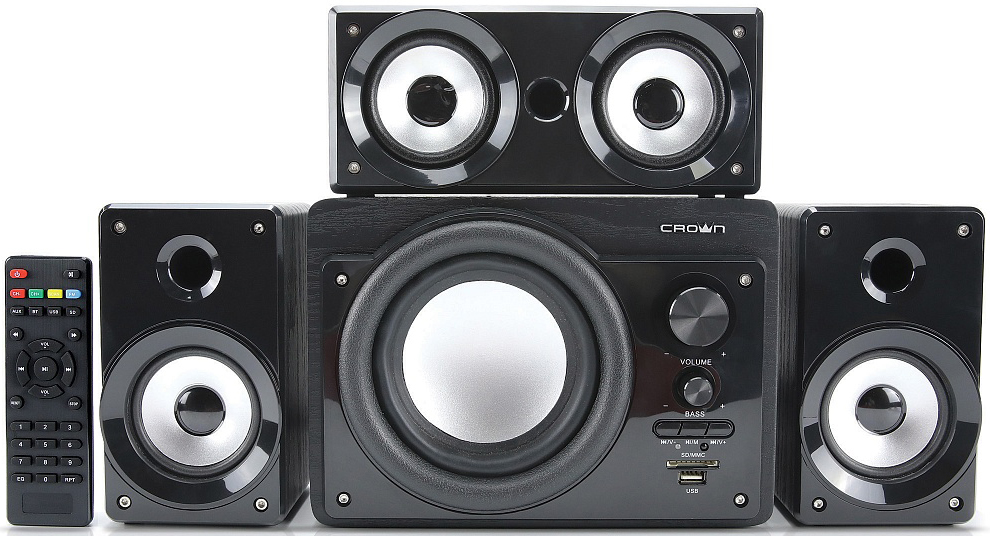 CMBS-390 Акустическая система 3.1 (мдф, bluetooth, 15w+8w*3=39w; приёмник fm; картридер; интерфейс usb; ir пульт, дополнительная фронтальная колонка) Crown Santreyd 