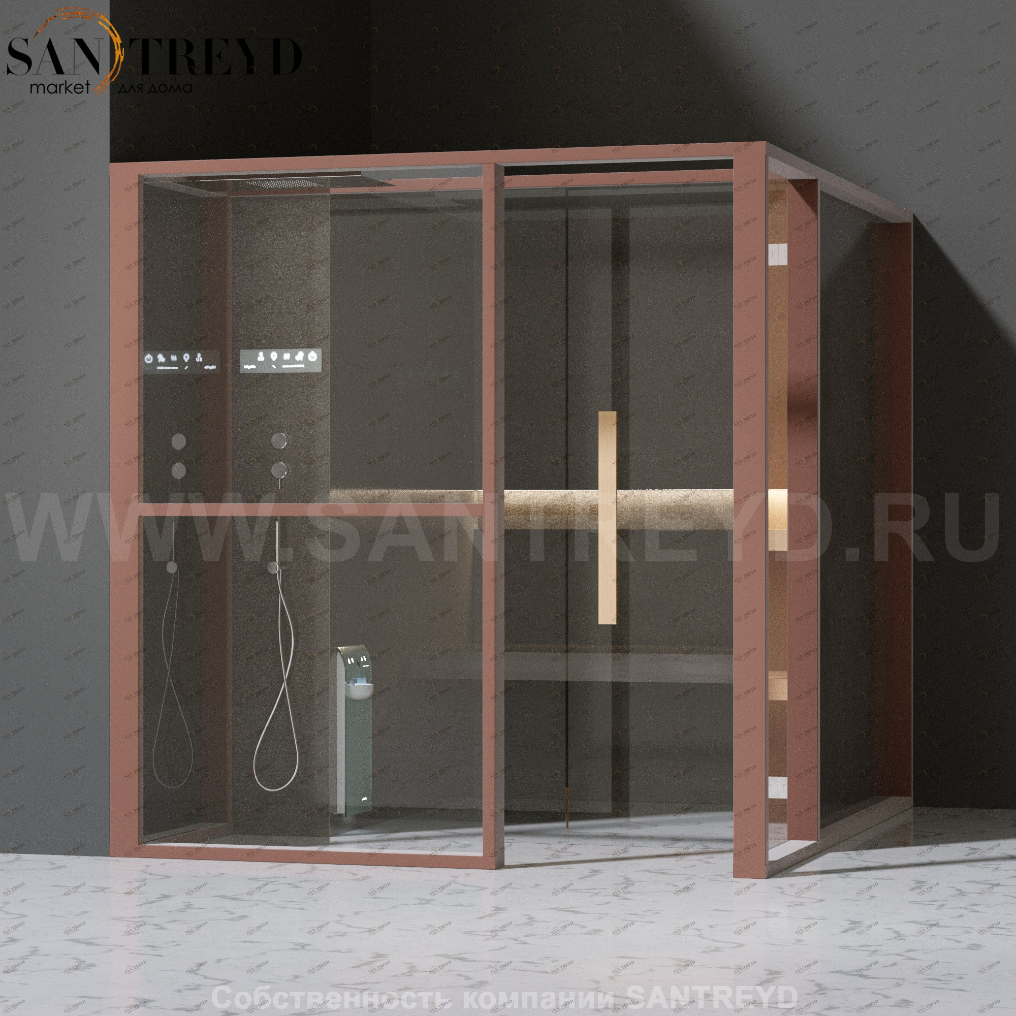 Effegibi LOGICAFILO H LO31030006 Хаммам. Установка: в левый угол. Левая дверь. Мощность: 4,5 кВт макс. Размеры: длина 214 см, ширина 250 см. Отделка: матовый лакированный коричневый аллюминий и темный ламинат из керамогранита.