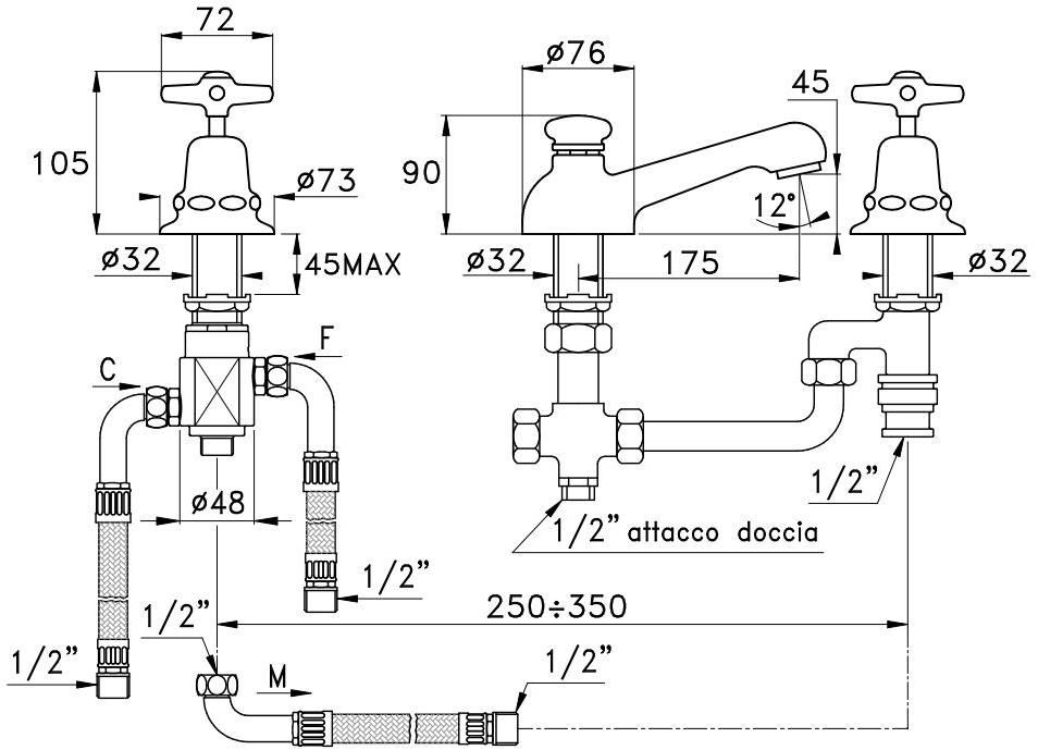RUBINETTERIE STELLA Смеситель для душа на 3 отверстия с переключателем Italica It02301 - Вид №1