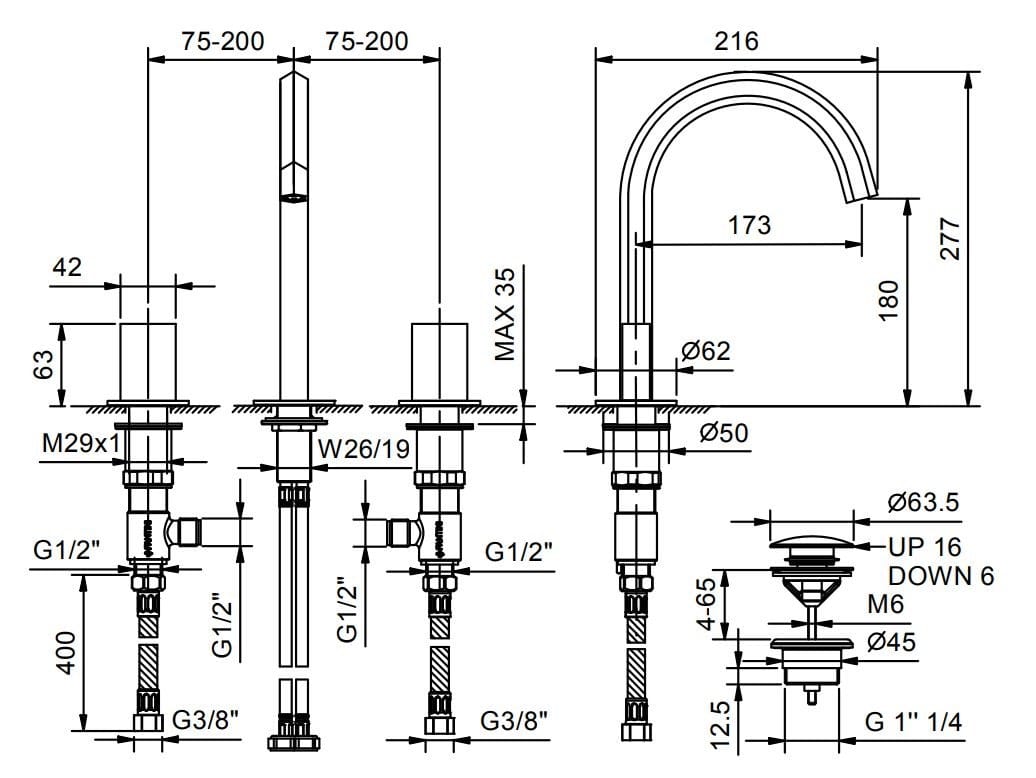 Смеситель для раковины с 3 отверстиями Fantini Rubinetti Венеция ARCH-00036763 - Вид №10