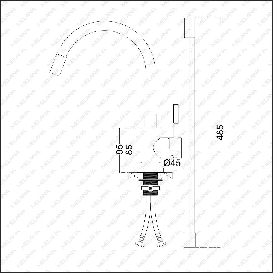 Смеситель д/кухни MELANA ELASTICO-610401W нерж.сталь, однорычажный,гибкий излив,сатин+белый - Вид №1