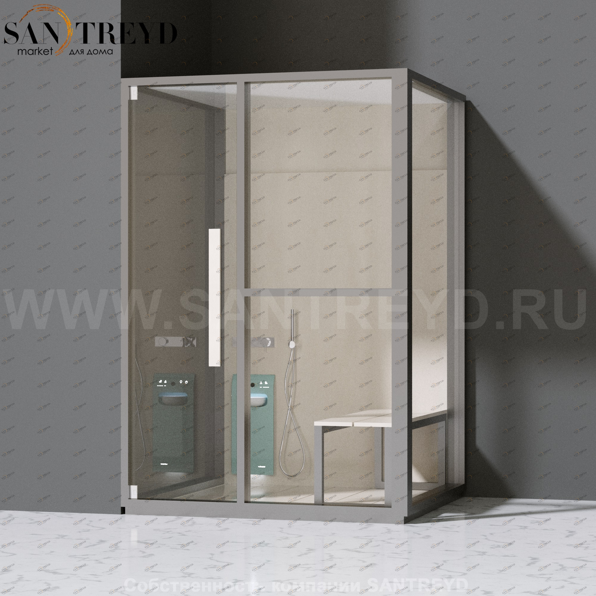 Effegibi H MEDIUM LO81010003 Комбинированная баня: хаммам и душ. Установка: в левый угол. Правая дверь. Мощность: 3 кВт макс. Размеры: длина 152 см, ширина 102 см. Отделка: матовый лакированный серый аллюминий и бежевый ламинат из керамогранита.