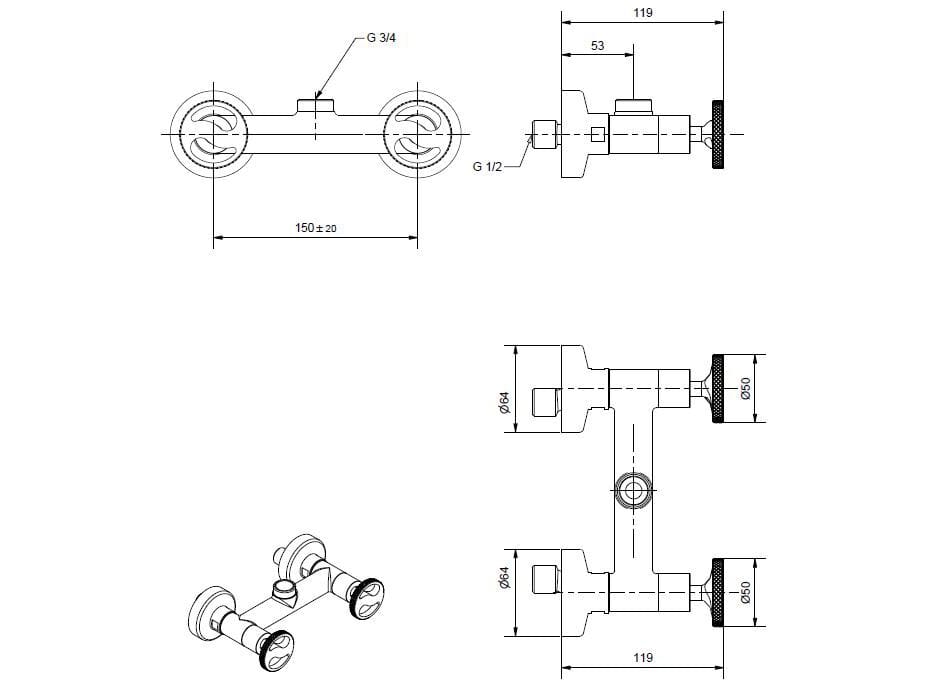 Хромированный латунный смеситель для душа Bugnatese тысяча девятьсот пятьдесят ARCH-00151790 - Вид №2