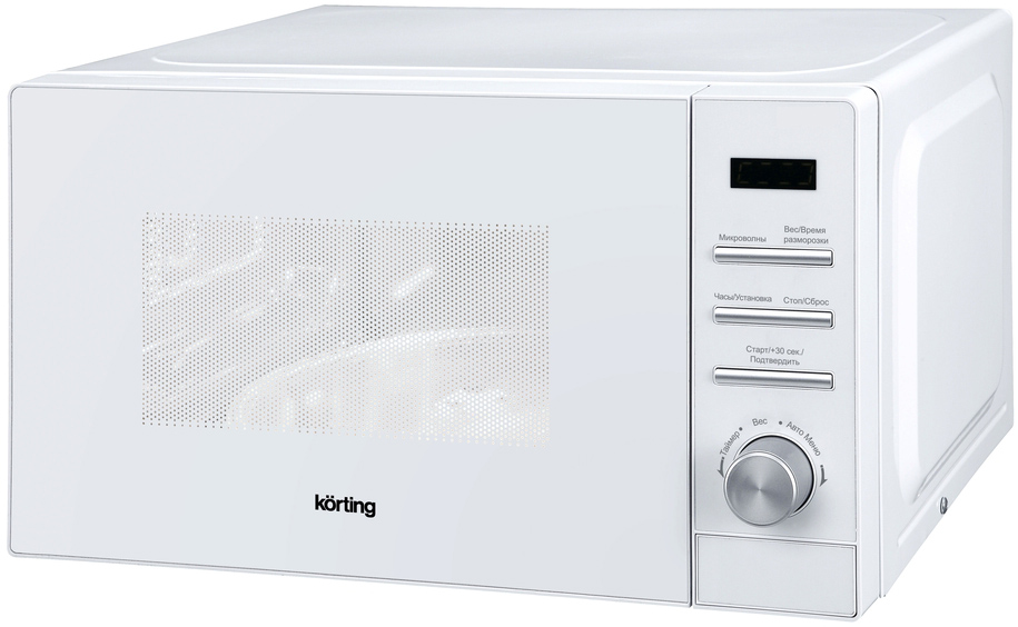 KMO 820 GW Микроволновые печи / "микроволновая печь, панель: белое стекло, кнопки и поворотный регулятор -хром, электронное управление, led дисплей, объем печи: 20 л, 8 автоматических программ, функции разморозки по весу и по времени, таймер, (вхшхг), мм: Santreyd 