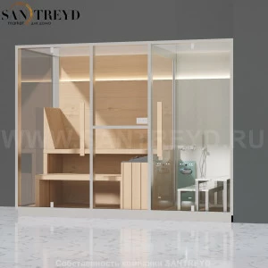 Effegibi MID LO70020003 Комбинированная баня: хаммам - душ и сауна. Установка: в правый угол. Мощность: 11 кВт макс. Размеры: длина 300 см, ширина 137 см. Отделка: канадский хемлок, матовый лакированный коричневый аллюминий и темный ламинат из керамограни