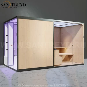Effegibi BODYLOVE SH BL45110007 Боковая комбинированная баня: хаммам и сауна. Установка: к стене. Мощность: 15 кВт макс. Размеры: длина 393 см, ширина 176 см. Отделка: канадский хемлок, светлый керамогранит и гладкий хемлок.