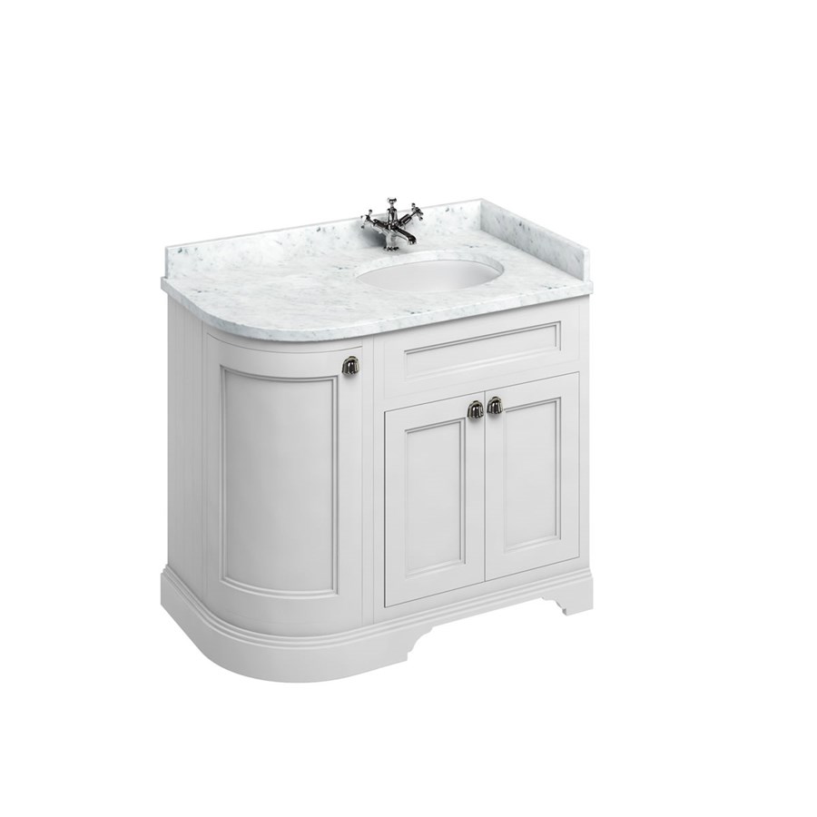 Burlington Отдельностоящий изогнутый угловой блок 100 RH со столешницей Carrara White и встроенной белой раковиной Классический серый FC3G_BC98R  - Вид №1