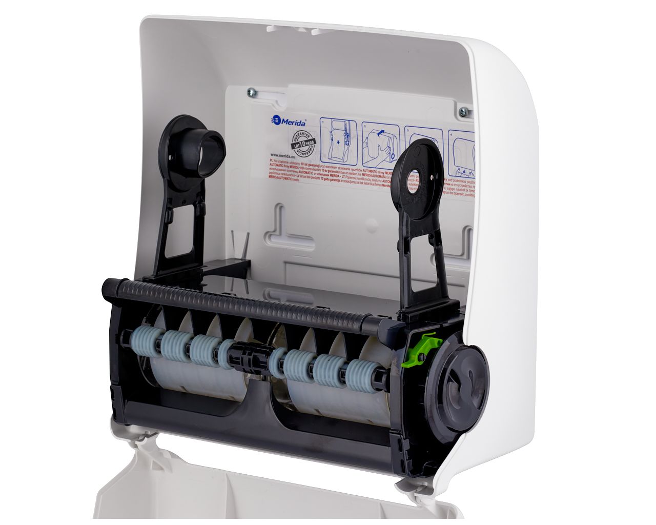 CTN302 TOP AUTOMATIC MAXI механический диспенсер для бумажных полотенец в рулонах, пластик ABS, глянцевый белый, синее окно Merida  - Вид №1