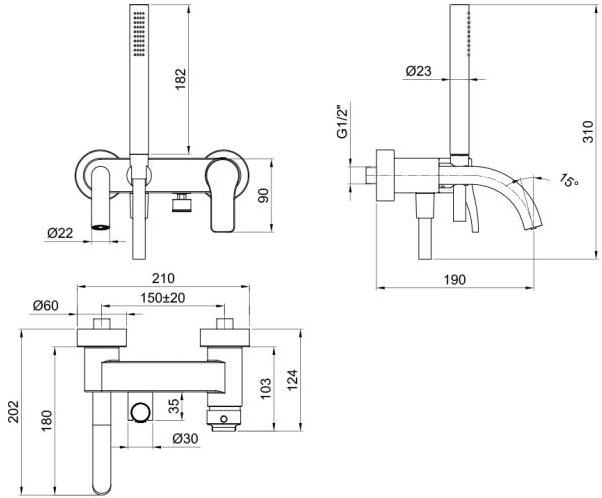 ABOUTWATER Смеситель для ванны настенный с ручным душем Al/23 Fantini Rubinetti sun-id-1436035 - Вид №2