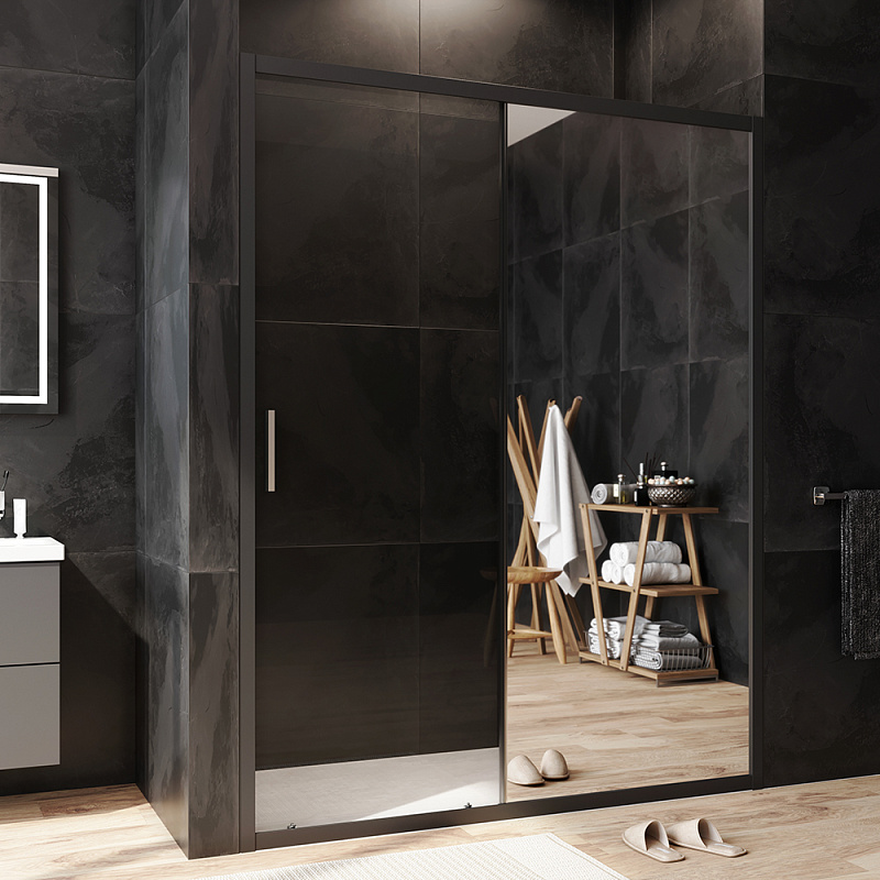 W90G-150-1-195BMir Solo Дверь душевая 150х195 стекло зеркальное профиль черный матовый AM.PM Gem