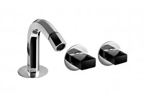 N411SB+5911A  Смеситель на 1 отверстие для бидевылет 12 см без ручек настенное управление ограничитель потока воды до 5 л/мин при 3 бар картридж керамический 90° видимый аэратор подводка донный клапан нажимного типа ручки заказываются отдельно, см. раздел