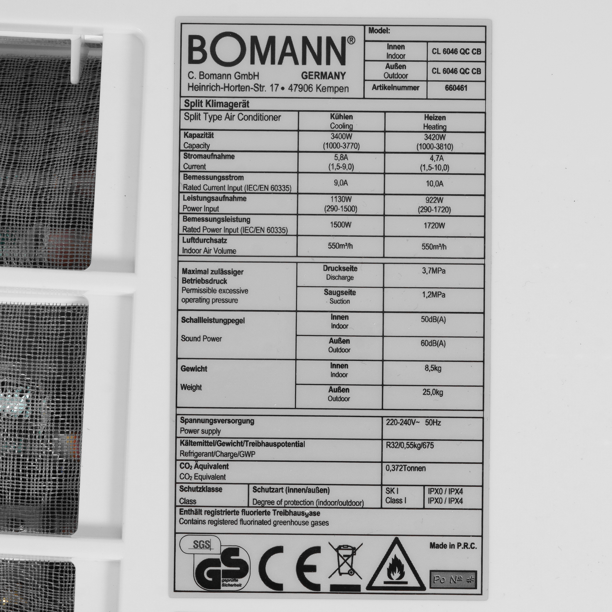 9903197 Кондиционер настенный сплит-система Bomann CL 6046 QC CB белый STDN-0023731 - Вид №3