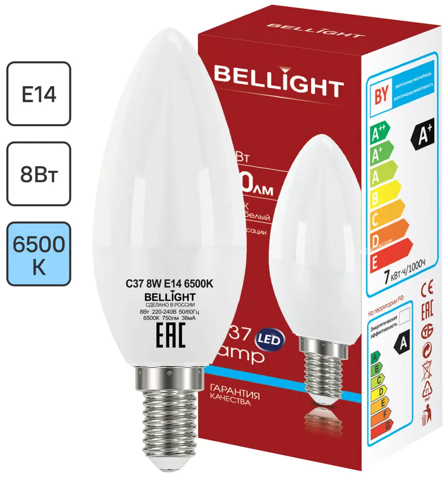 BELLIGHT Светодиодная лампа Е14 свеча 8W холодный белый свет 85637141