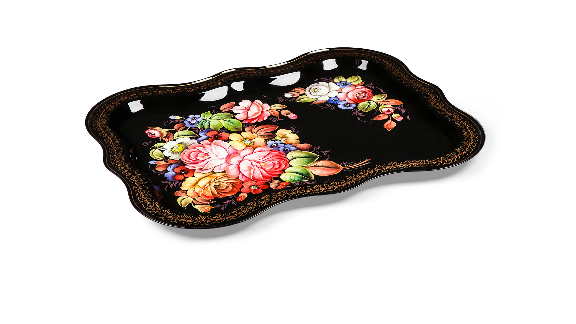 10618054 Жостовская фабрика декоративной росписи Поднос 51х40см НХПР " Каменный букет" Сталь  - Вид №1