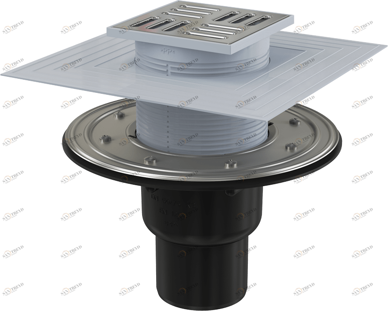 Сливной трап 105×105/50/75 мм прямой сток, решетка из нержавеющей стали, фланец из нержавеющей стали, воротник изоляции 2–го уровня, гидрозатвор сухой и мокрый ALCAPLAST APV4344