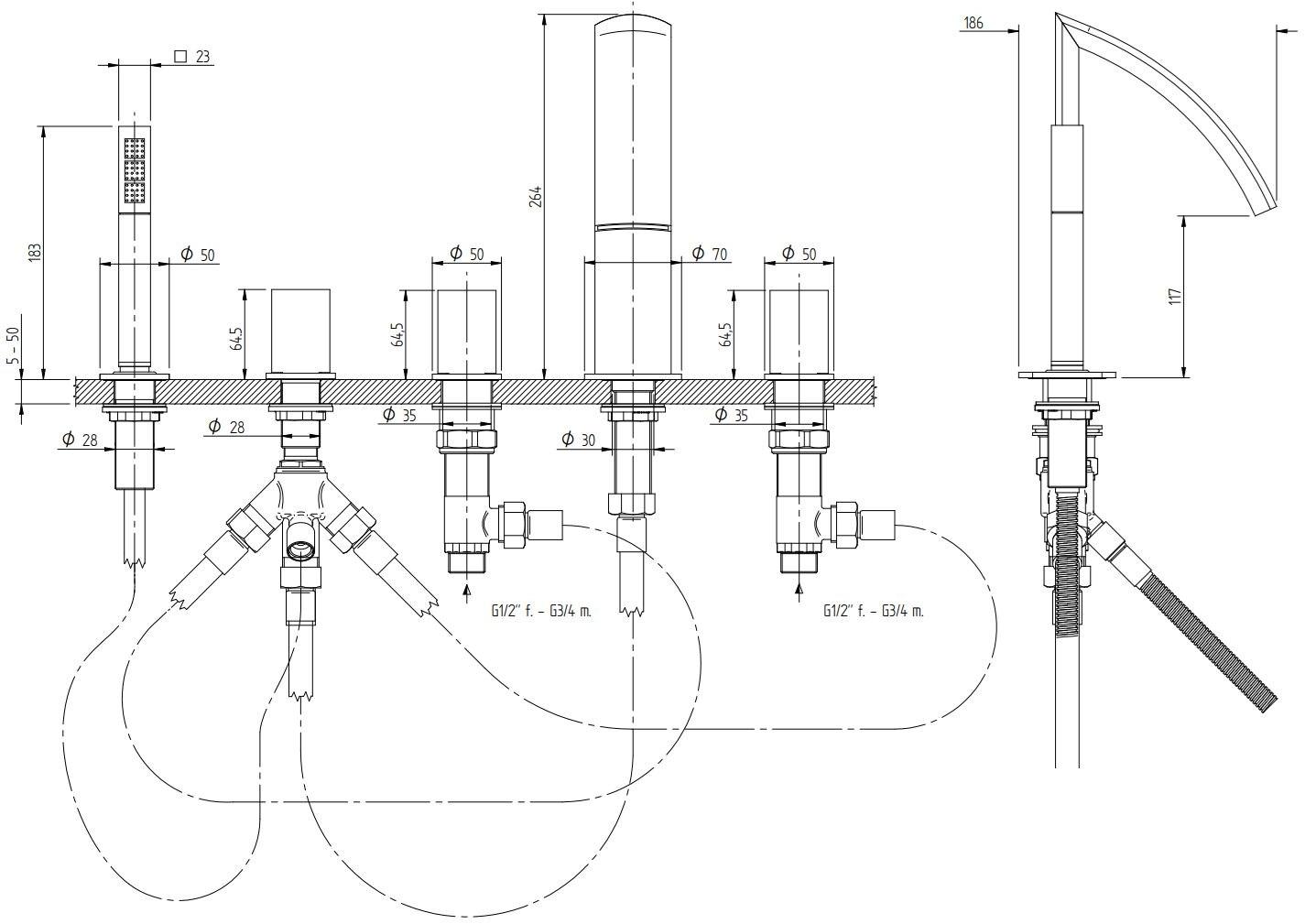 ZAZZERI Комплект для ванны на 5 отверстий с ручным душем Moon sun-id-1494148 - Вид №1