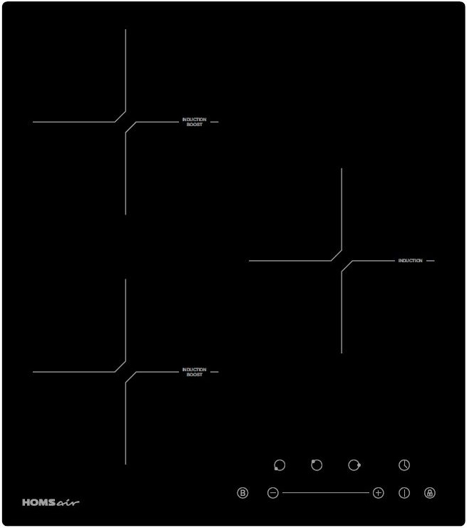 HIY43BK Электрическая индукционная панель / индукция,45 см, 3 конфорки, сенсорное управление, черный цвет HOMSAir Santreyd 