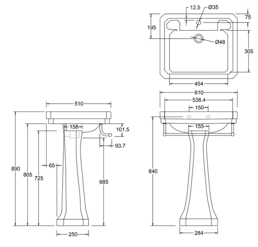Прямоугольная раковина для ванной комнаты с держателем для полотенец Burlington Викторианская ARCH-00044598 - Вид №3
