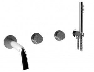 69530 / D Смеситель для ванны и душа из матовой нержавеющей стали 316 с душевым набором, традиционным картриджем и ручками из тикового дерева. Bongio Time2020 Wood