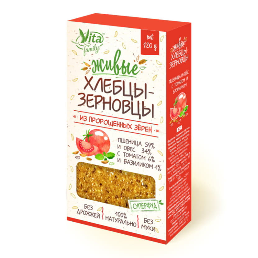 Живые хлебцы-зерновцы с томатом и базиликом ПШЕНИЦА И ОВЕС Vita 120 г Santreyd 12937 - Вид №1
