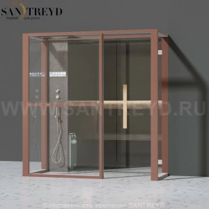 Effegibi LOGICAFILO H LO31030016 Хаммам. Установка: в правый  полуугол. Левая дверь. Мощность: 4,5 кВт макс. Размеры: длина 214 см, ширина 250 см. Отделка: матовый лакированный коричневый аллюминий и темный ламинат из керамогранита.