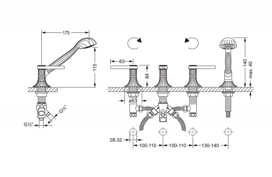 Смеситель для ванны на 4 отверстия ½“, монтаж на борт ванны JOERGER Cronos 637.40.155.000 - Вид №1
