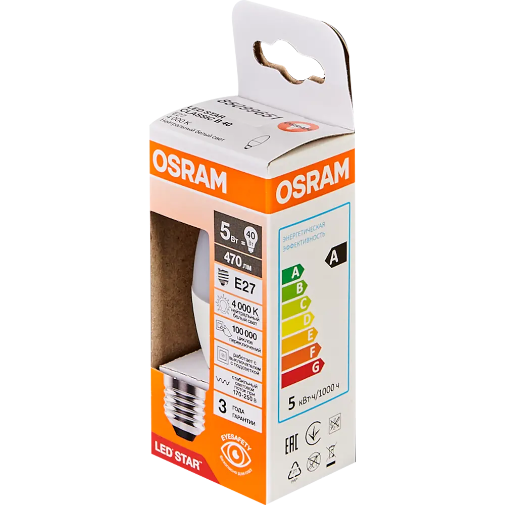 Лампа светодиодная Osram свеча 5Вт 470Лм E27 нейтральный белый свет STLM-2167839 - Вид №3