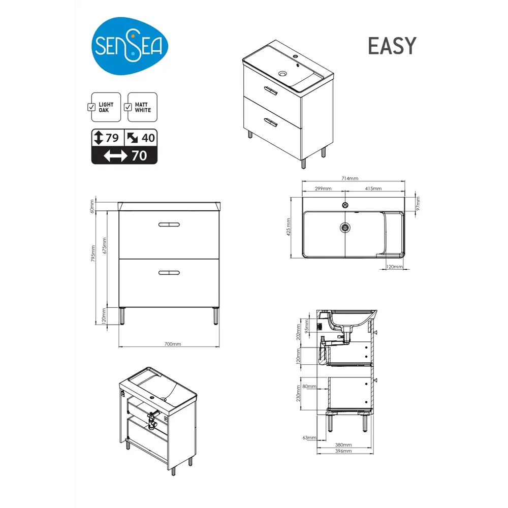Тумба под раковину Sensea Easy напольная 70 см с двумя ящиками цвет дуб 86197262 STLM-2050744 - Вид №11