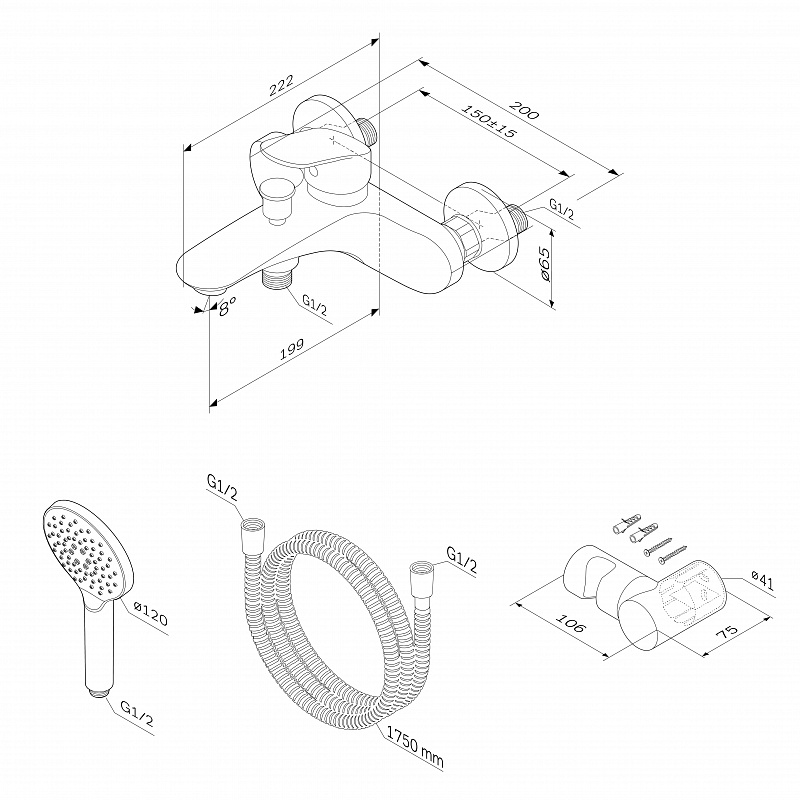 F8015000 смеситель д/ванны/душа душ.набор хром шт. AM.PM Like - Вид №7