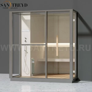 Effegibi LOGICA H LO30010016 Хаммам. Установка: в правый  полуугол. Левая дверь. Мощность: 4,5 кВт макс. Размеры: длина 214 см, ширина 250 см. Отделка: матовый лакированный серый аллюминий и бежевый ламинат из керамогранита.