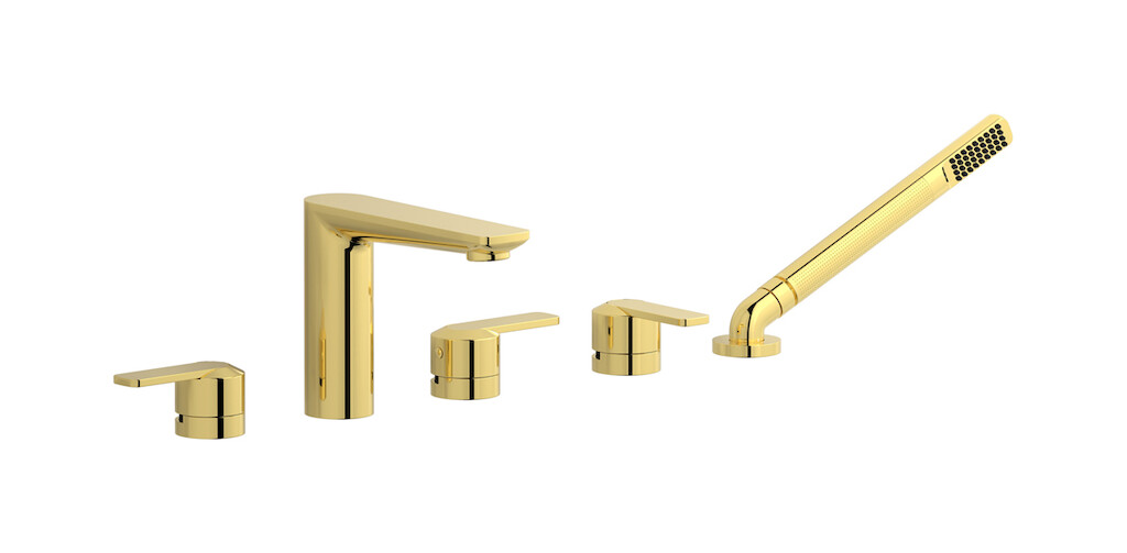 Смеситель на бортик ванной на 5 отверстий с дивертером и душевым гарнитуром. WE ARE IB c6396oo Gold C-67
